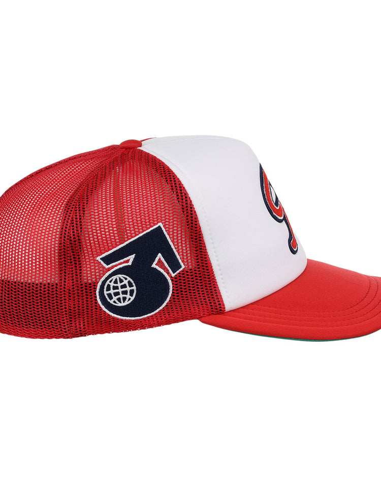 The Seattle Rainiers EFF MiLB Vintage Foam Trucker by EFF features a white front, red mesh sides and back for breathability, a curved bill, and a vintage bold male gender sign over a globe on the side. Inspired by classic minor league style.