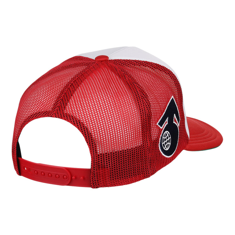 The Seattle Rainiers EFF MiLB Vintage Foam Trucker by EFF features a red and white design, black and white upward arrow/globe logo on the side, red mesh back, and adjustable snapback closure in classic Minor League style.