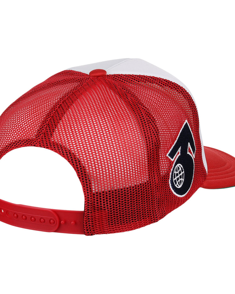 The Seattle Rainiers EFF MiLB Vintage Foam Trucker by EFF features a red and white design, black and white upward arrow/globe logo on the side, red mesh back, and adjustable snapback closure in classic Minor League style.