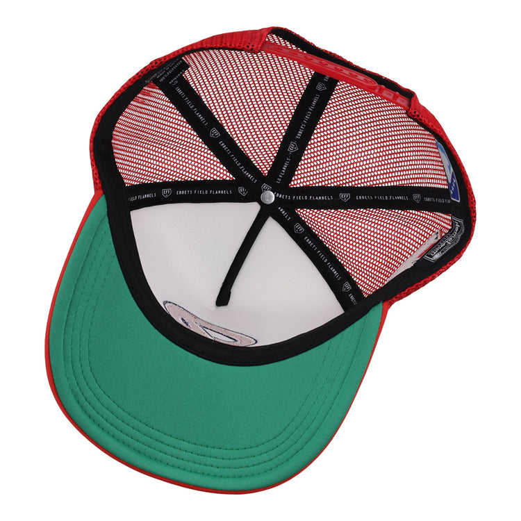 The image shows the inside of the Seattle Rainiers EFF MiLB Vintage Foam Trucker by EFF, featuring a red exterior, green underbrim, black interior lining, white mesh panels, and a branded black sweatband—ideal for Seattle Rainiers fans.