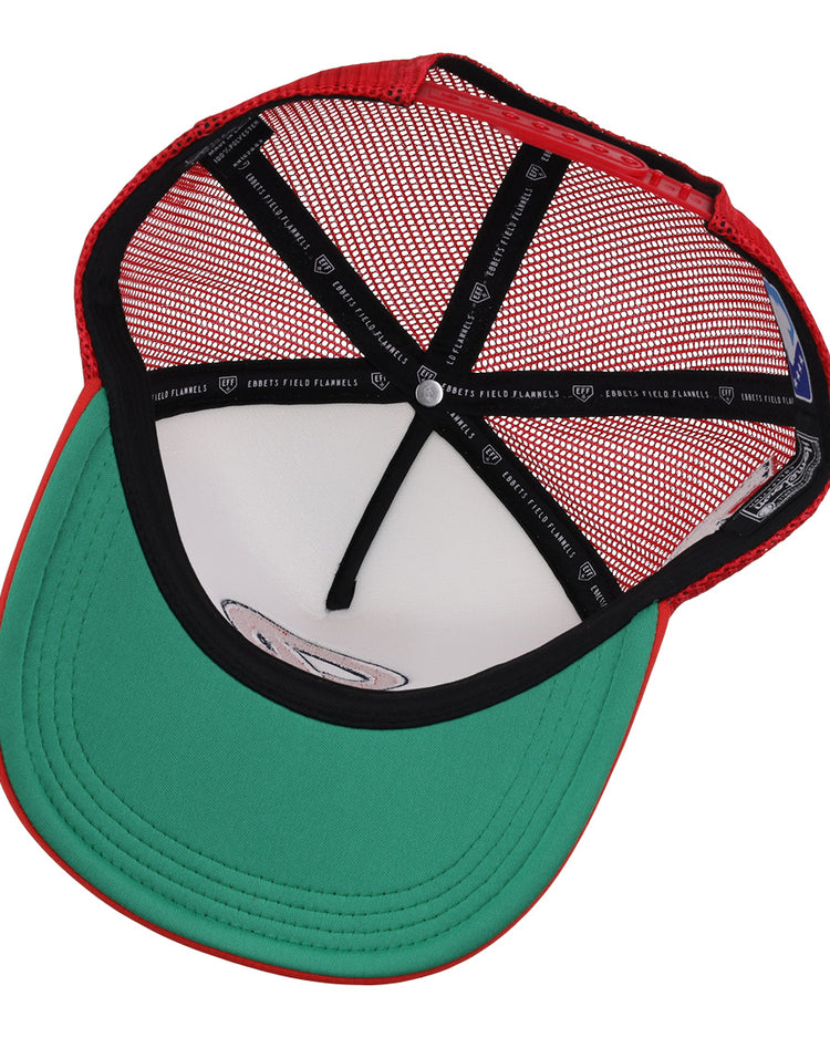 The image shows the inside of the Seattle Rainiers EFF MiLB Vintage Foam Trucker by EFF, featuring a red exterior, green underbrim, black interior lining, white mesh panels, and a branded black sweatband—ideal for Seattle Rainiers fans.