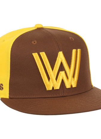 The Ebbets Field Flannels Walla Walla Padres EFF MiLB Vintage Snapback features a brown and yellow design, large yellow W logo front, Padres embroidery on the side, and classic Minor League inspiration.