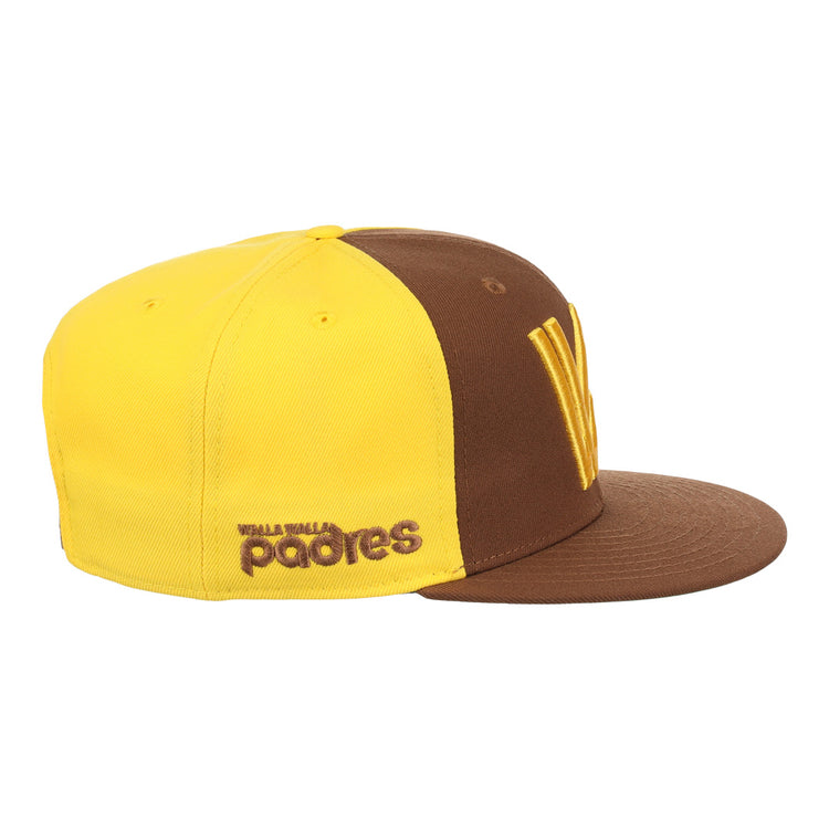 The Ebbets Field Flannels Walla Walla Padres EFF MiLB Vintage Snapback is a brown and yellow adjustable cap with alternating panels, a large yellow W on the front, and padres embroidered on the side.