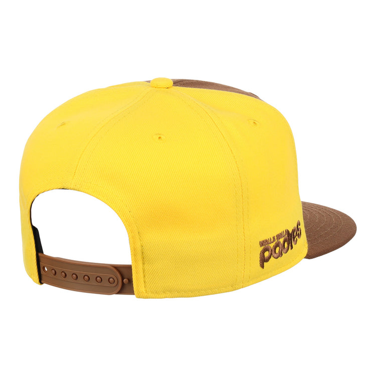 The Ebbets Field Flannels Walla Walla Padres EFF MiLB Vintage Snapback is a yellow and brown adjustable cap with POOCH embroidered on the side, inspired by the classic Minor League team.
