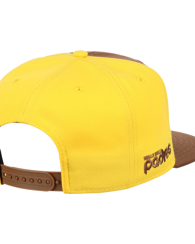 The Ebbets Field Flannels Walla Walla Padres EFF MiLB Vintage Snapback is a yellow and brown adjustable cap with POOCH embroidered on the side, inspired by the classic Minor League team.