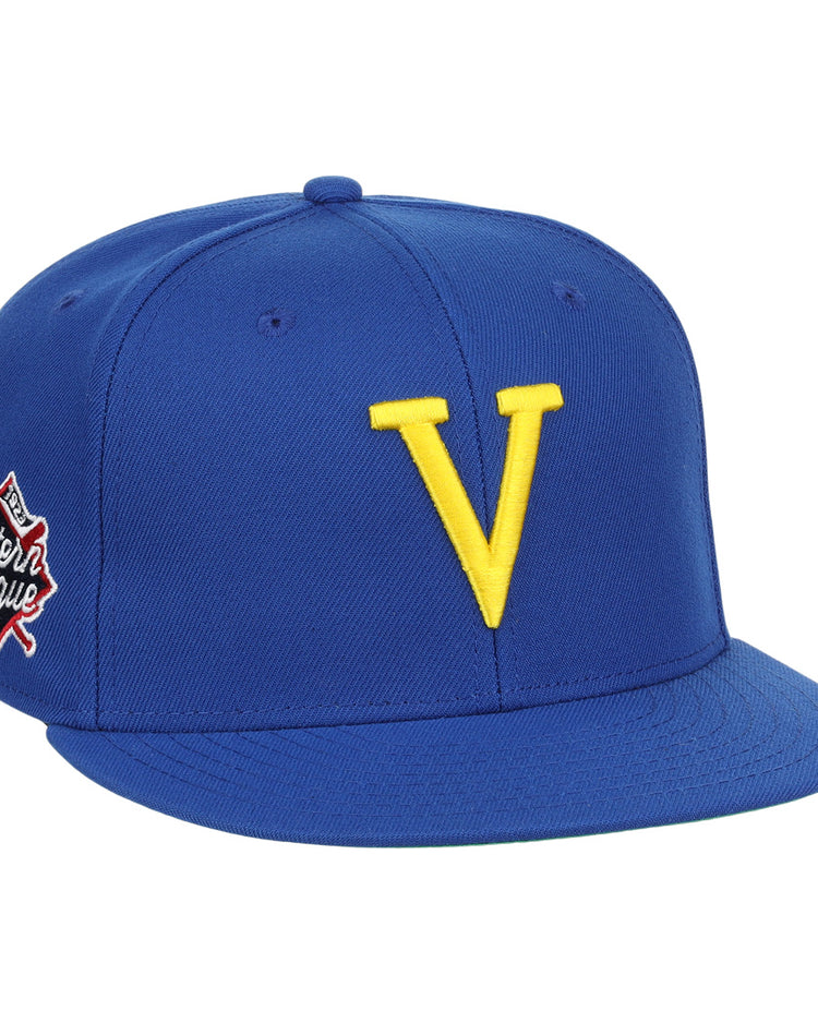 The Vermont Mariners EFF MiLB Vintage Snapback by Ebbets Field Flannels features a blue adjustable cap with a bold yellow V front and an Eastern League patch—perfect for Vermont Mariners fans and vintage collectors.
