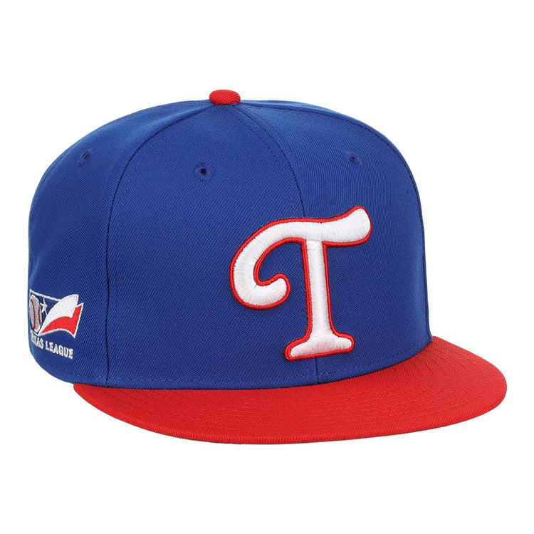 The Tulsa Drillers EFF MiLB Vintage Snapback by Ebbets Field Flannels features a blue crown, red brim, bold white-and-red T front, and Texas League side patch for classic minor league style.