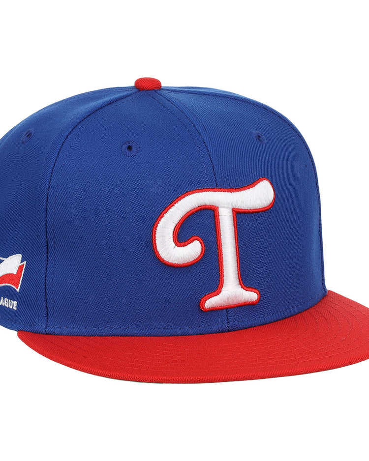 The Tulsa Drillers EFF MiLB Vintage Snapback by Ebbets Field Flannels features a blue crown, red brim, bold white-and-red T front, and Texas League side patch for classic minor league style.
