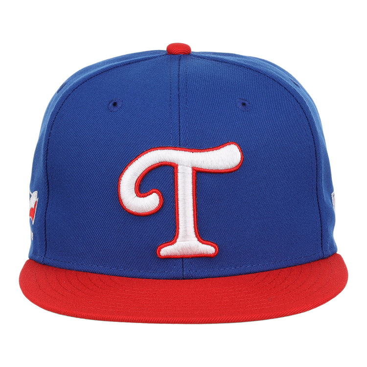 The Tulsa Drillers EFF MiLB Vintage Snapback by Ebbets Field Flannels features a blue crown, red brim, and large white T outlined in red, inspired by the classic Tulsa Drillers cap from the Texas Leagues Vintage Minor League collection.