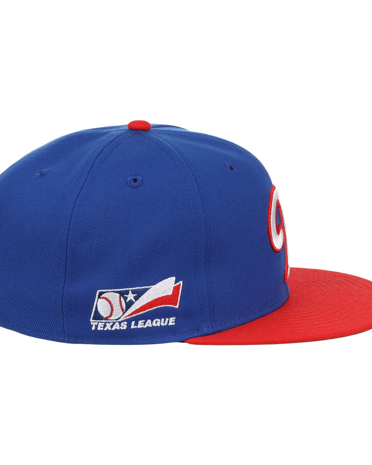 The Ebbets Field Flannels Tulsa Drillers EFF MiLB Vintage Snapback features a blue crown, red brim, ventilation holes, a red and white embroidered front design, and the Texas League logo above TEXAS LEAGUE on the side.