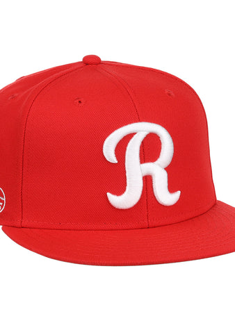 The Ebbets Field Flannels Rochester Red Wings EFF MiLB Vintage Snapback is a bright red cap with a flat brim, featuring a white “R” on the front and a side patch, honoring Cal Ripken Jr. as part of the Vintage Minor League collection.