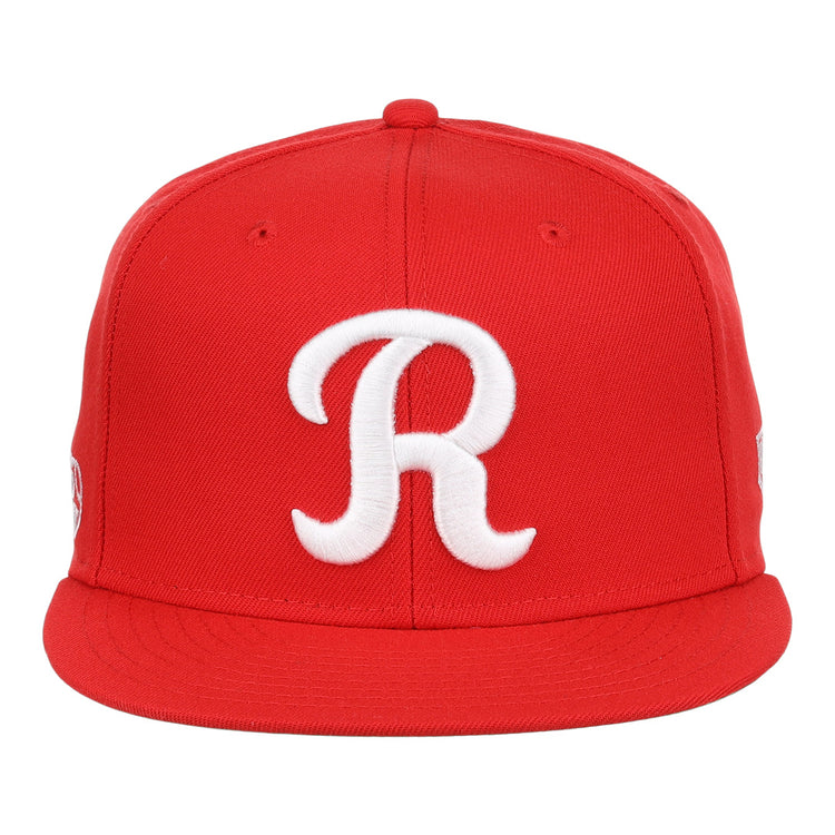 The Ebbets Field Flannels Rochester Red Wings EFF MiLB Vintage Snapback is a red cap featuring a large white R, inspired by the Rochester Red Wings classic Minor League look.
