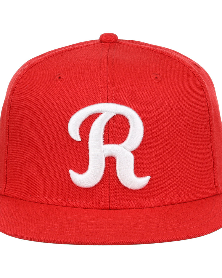 The Ebbets Field Flannels Rochester Red Wings EFF MiLB Vintage Snapback is a red cap featuring a large white R, inspired by the Rochester Red Wings classic Minor League look.