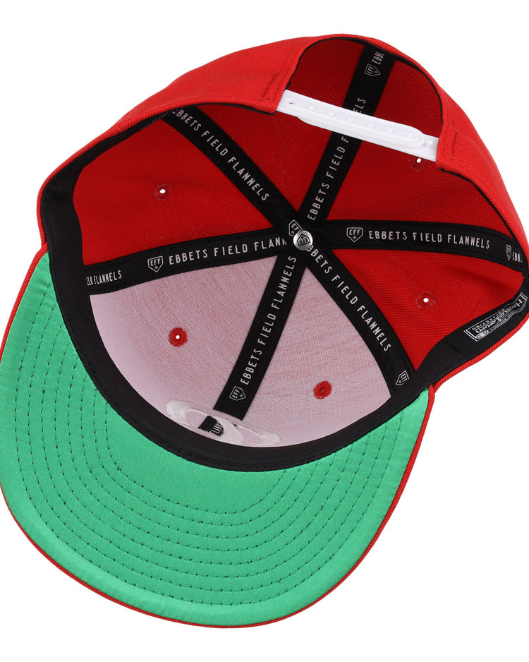 The Rochester Red Wings EFF MiLB Vintage Snapback by Ebbets Field Flannels features red and green colors, a green underbrim, and a black inner band labeled with the brand—celebrating team heritage.