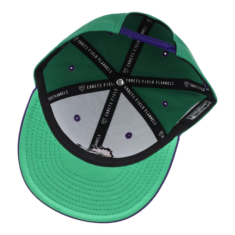 The Port City Roosters EFF MiLB Vintage Snapback by Ebbets Field Flannels features a green exterior, purple lining, black and white stitching, and signature branding on the inner band—an authentic Vintage Minor League Southern League-inspired cap.