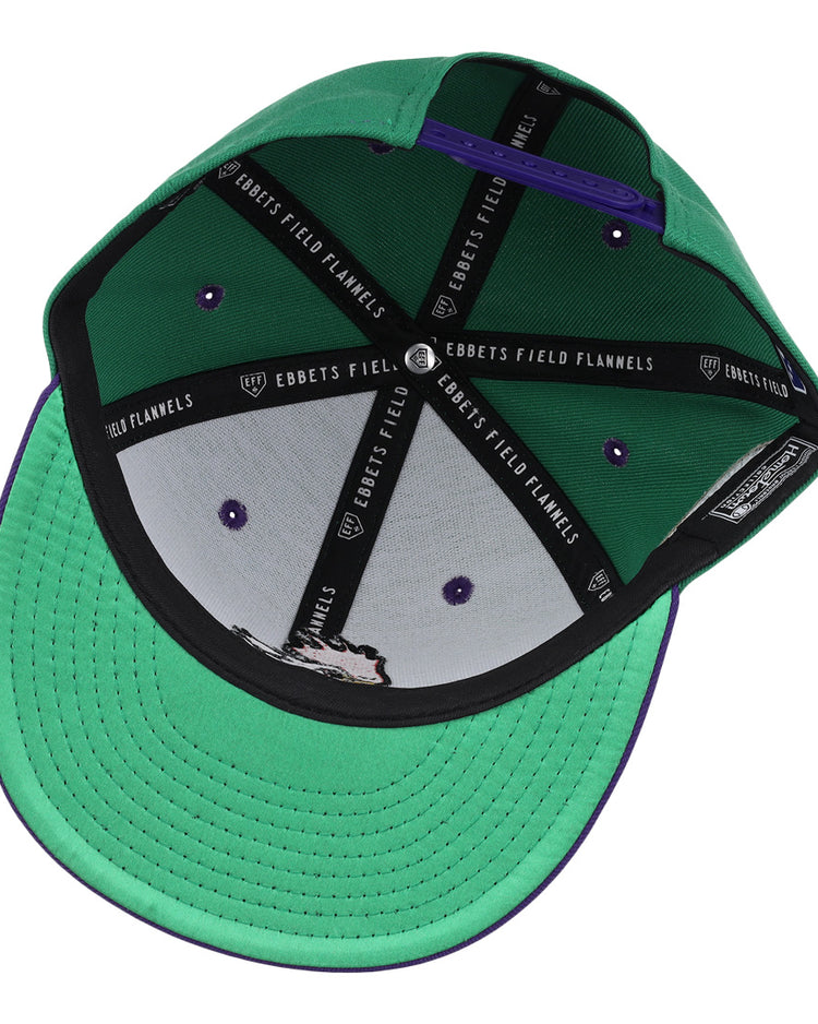 The Port City Roosters EFF MiLB Vintage Snapback by Ebbets Field Flannels features a green exterior, purple lining, black and white stitching, and signature branding on the inner band—an authentic Vintage Minor League Southern League-inspired cap.