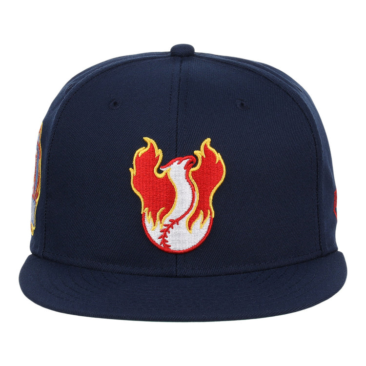The Phoenix Firebirds EFF MiLB Vintage Snapback by Ebbets Field Flannels features a navy blue design with a white baseball, red stitching, and orange-yellow flames embroidered on the front.