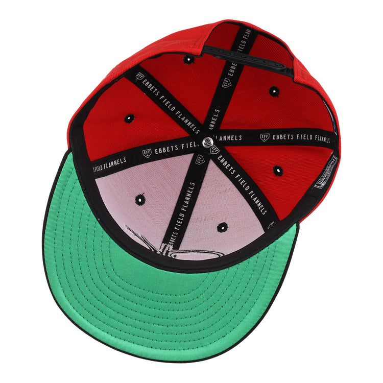 The Oklahoma City 89ers EFF MiLB Vintage Snapback by Ebbets Field Flannels is a red hat with black lining featuring brand text, metal ventilation holes, a green underbrim, and an adjustable snapback closure, viewed from the inside.