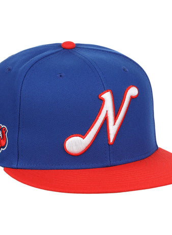 The Nashville Sounds EFF MiLB Vintage Snapback by Ebbets Field Flannels features a blue crown, red brim, 3D ’N’ front logo, and Sounds stitched in red and white script on the side. Part of the Vintage Minor League collection.