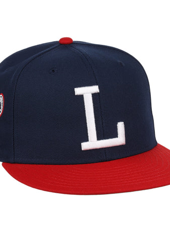 The Louisville Colonels EFF MiLB Vintage Snapback by Ebbets Field Flannels features a navy crown, red brim, bold white L front, and side pirate head logo. Part of the Vintage Minor League collection, this adjustable cap adds classic style.