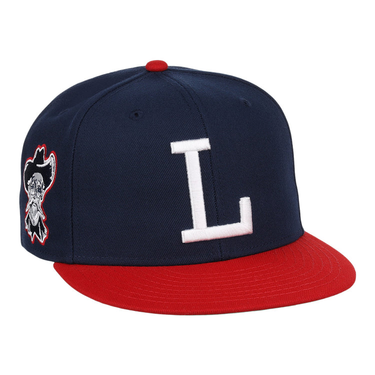 The Louisville Colonels EFF MiLB Vintage Snapback by Ebbets Field Flannels features a navy crown, red brim, bold white L front, and side pirate head logo. Part of the Vintage Minor League collection, this adjustable cap adds classic style.