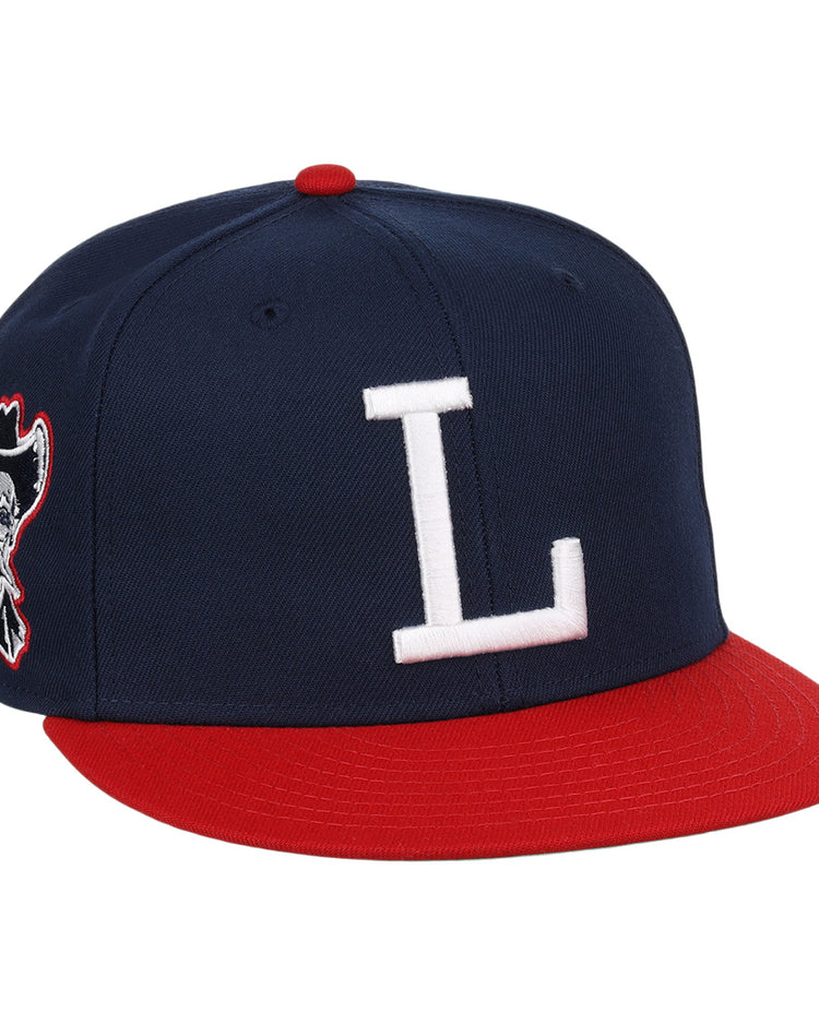 The Louisville Colonels EFF MiLB Vintage Snapback by Ebbets Field Flannels features a navy crown, red brim, bold white L front, and side pirate head logo. Part of the Vintage Minor League collection, this adjustable cap adds classic style.