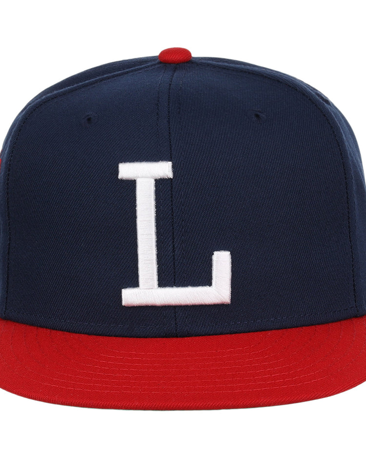The Louisville Colonels EFF MiLB Vintage Snapback by Ebbets Field Flannels features a navy crown, red brim, white L on the front, and adjustable snapback fit. Part of the Vintage Minor League collection.