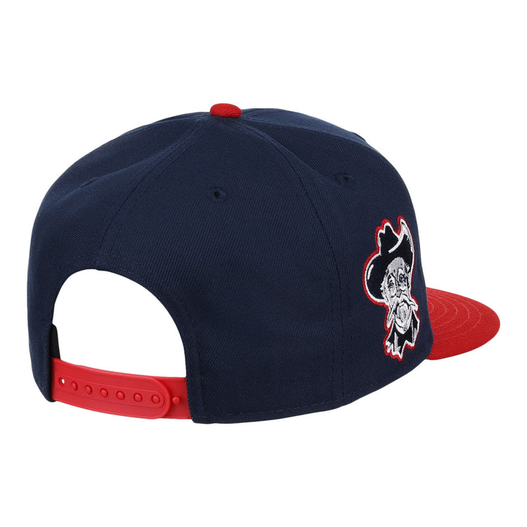 The Louisville Colonels EFF MiLB Vintage Snapback by Ebbets Field Flannels is a navy blue adjustable cap with a red brim and adjuster, featuring an embroidered bulldog in a hat on the side.