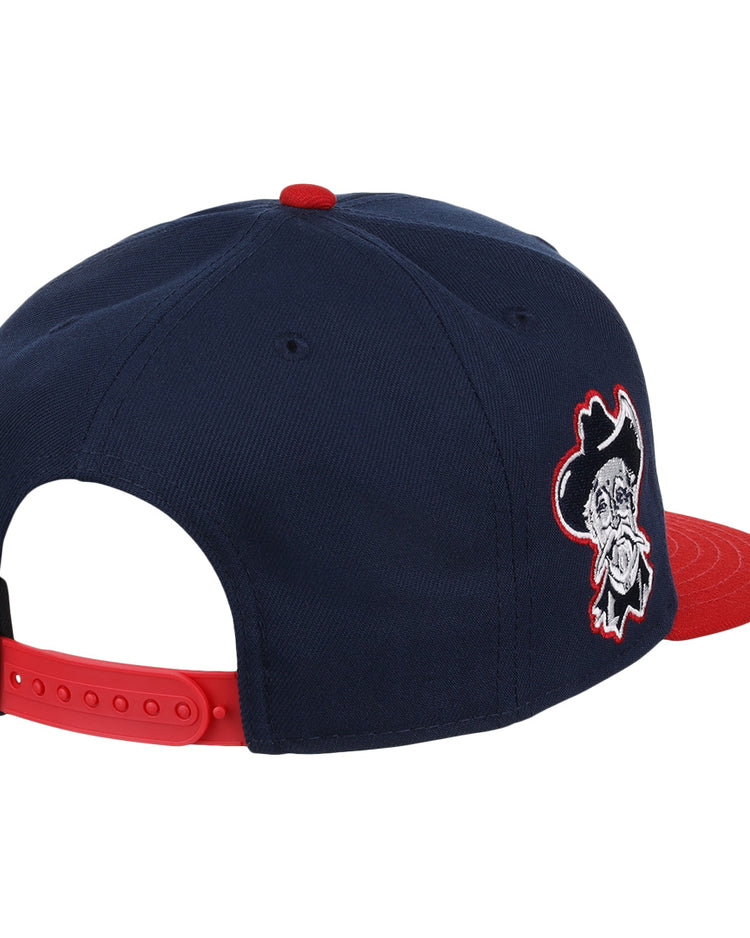 The Louisville Colonels EFF MiLB Vintage Snapback by Ebbets Field Flannels is a navy blue adjustable cap with a red brim and adjuster, featuring an embroidered bulldog in a hat on the side.