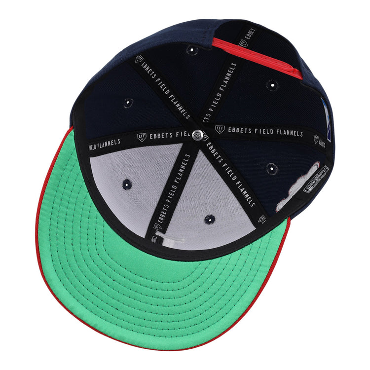 The Louisville Colonels EFF MiLB Vintage Snapback by Ebbets Field Flannels features a green brim underside, red edge, navy panels, black taping with white EBBETS FIELD FLANNELS text, and an adjustable snapback closure.