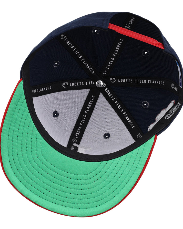The Louisville Colonels EFF MiLB Vintage Snapback by Ebbets Field Flannels features a green brim underside, red edge, navy panels, black taping with white EBBETS FIELD FLANNELS text, and an adjustable snapback closure.