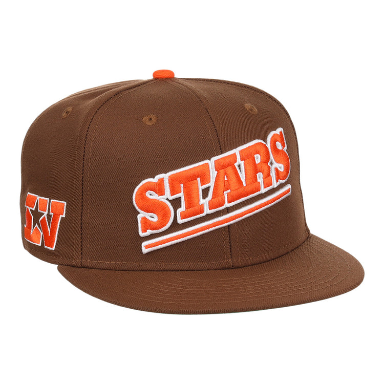 The Ebbets Field Flannels Las Vegas Stars EFF MiLB Vintage Snapback is a brown cap with orange and white embroidered STARS front, orange W logo on the side, orange top button, flat brim, and snapback closure—perfect for vintage style fans.