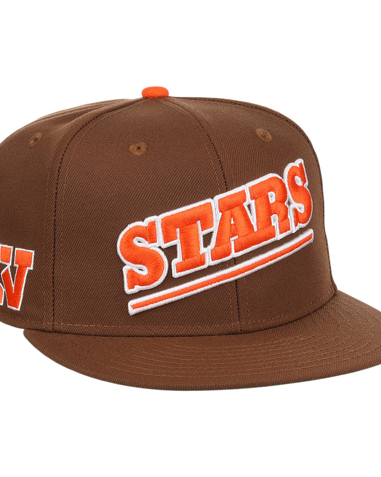 The Ebbets Field Flannels Las Vegas Stars EFF MiLB Vintage Snapback is a brown cap with orange and white embroidered STARS front, orange W logo on the side, orange top button, flat brim, and snapback closure—perfect for vintage style fans.
