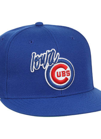 The Iowa Cubs EFF MiLB Vintage Snapback by Ebbets Field Flannels is a blue adjustable cap with Iowa and the Chicago Cubs logo embroidered on the front, plus an Iowa side patch—perfect for vintage minor league fans.