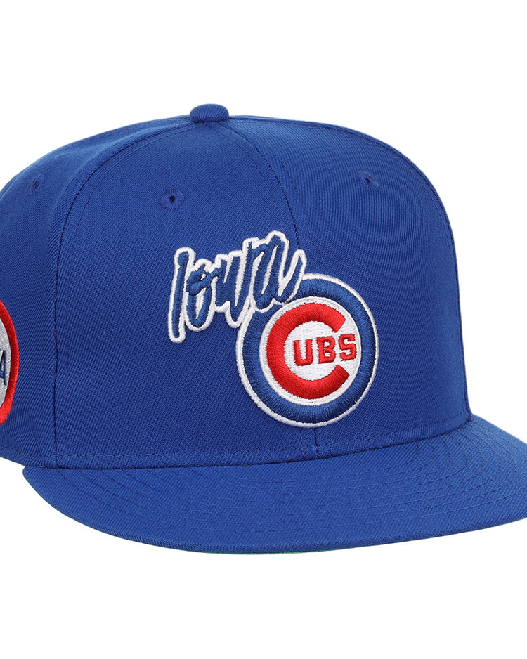 The Iowa Cubs EFF MiLB Vintage Snapback by Ebbets Field Flannels is a blue adjustable cap with Iowa and the Chicago Cubs logo embroidered on the front, plus an Iowa side patch—perfect for vintage minor league fans.