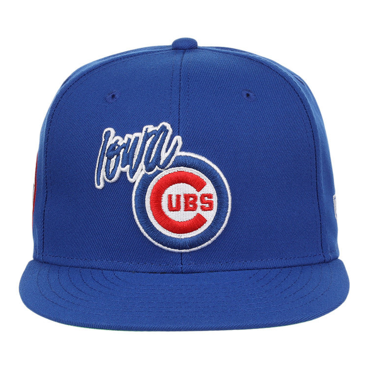 The Iowa Cubs EFF MiLB Vintage Snapback by Ebbets Field Flannels is a blue adjustable cap with loyal and the Chicago Cubs logo embroidered in white, red, and blue. It features a flat brim, vintage minor league style, and visible stitching.