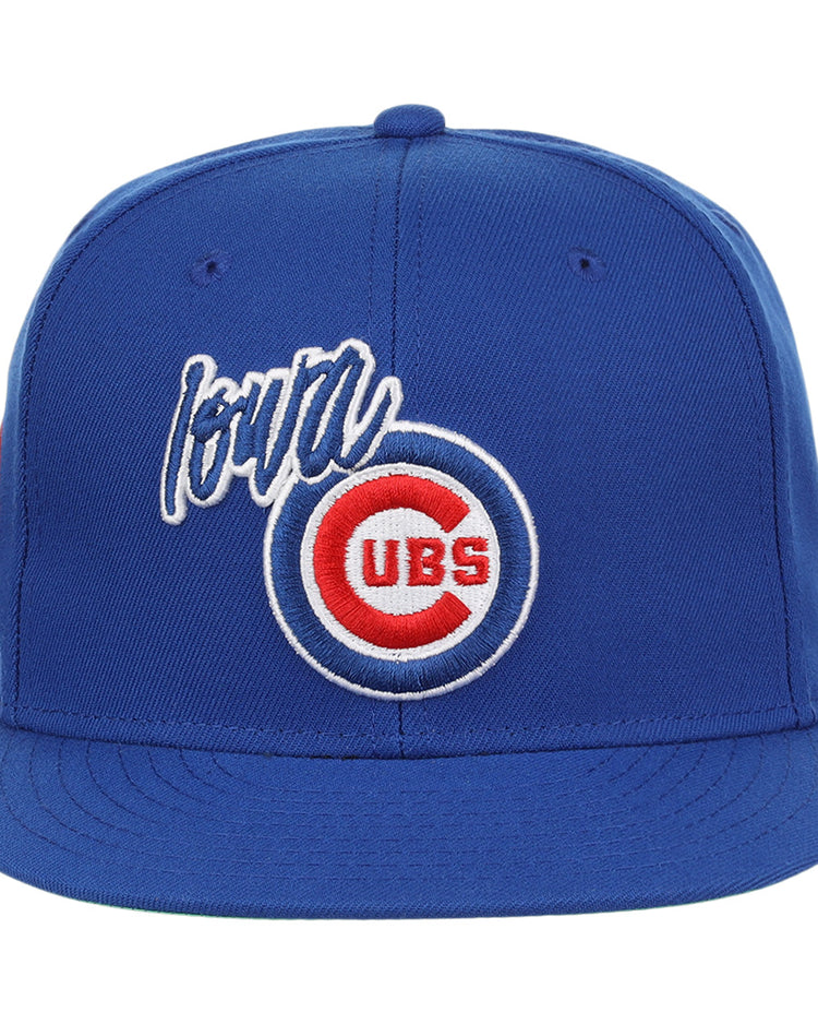 The Iowa Cubs EFF MiLB Vintage Snapback by Ebbets Field Flannels is a blue adjustable cap with loyal and the Chicago Cubs logo embroidered in white, red, and blue. It features a flat brim, vintage minor league style, and visible stitching.