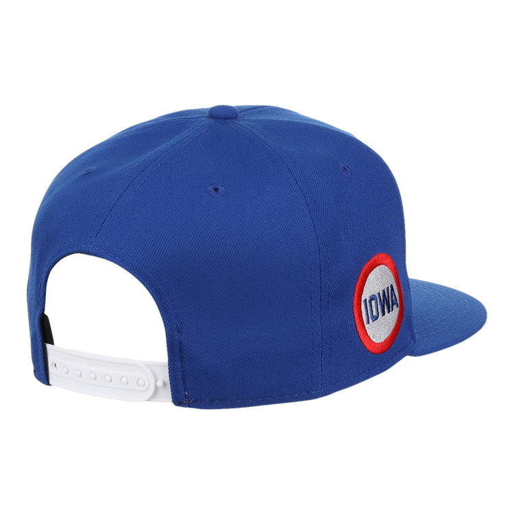 The Iowa Cubs EFF MiLB Vintage Snapback by Ebbets Field Flannels is a blue adjustable hat with a side patch reading IOWA in blue on white with red trim, inspired by classic minor league Iowa Cubs styles.