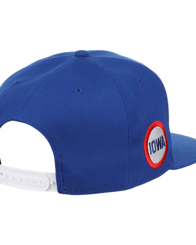 The Iowa Cubs EFF MiLB Vintage Snapback by Ebbets Field Flannels is a blue adjustable hat with a side patch reading IOWA in blue on white with red trim, inspired by classic minor league Iowa Cubs styles.