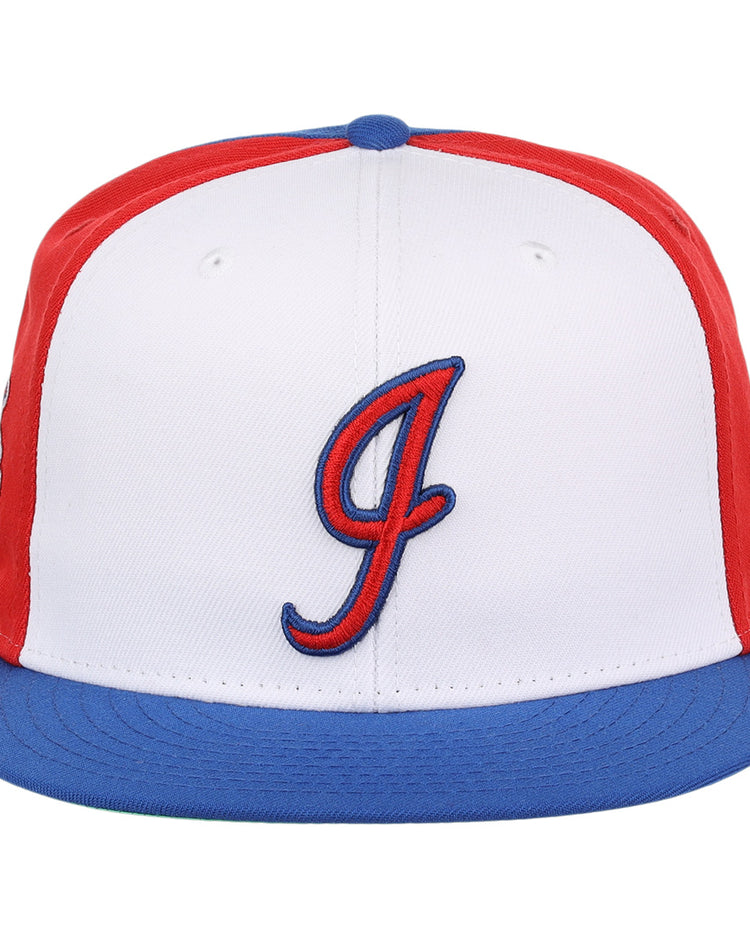 The Indianapolis Indians EFF MiLB Vintage Snapback by Ebbets Field Flannels features a white and red design, blue brim, adjustable snapback fit, and a blue/red embroidered J—part of the Vintage Minor League collection.