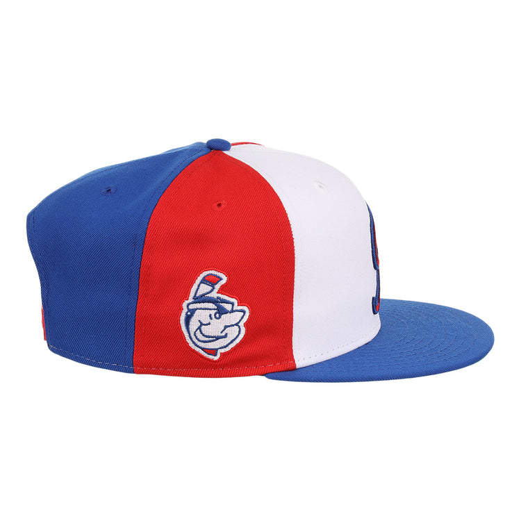 The Indianapolis Indians EFF MiLB Vintage Snapback by Ebbets Field Flannels features blue, white, and red panels, a blue brim, and an embroidered cartoon baseball face on the red panel—part of the Vintage Minor League collection.