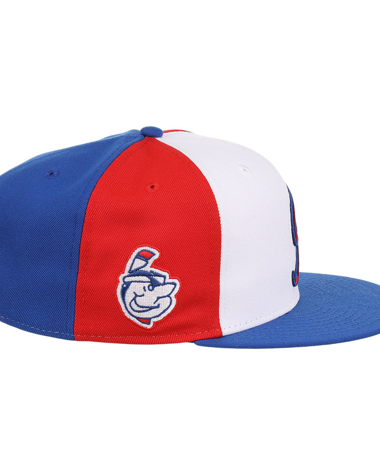 The Indianapolis Indians EFF MiLB Vintage Snapback by Ebbets Field Flannels features blue, white, and red panels, a blue brim, and an embroidered cartoon baseball face on the red panel—part of the Vintage Minor League collection.