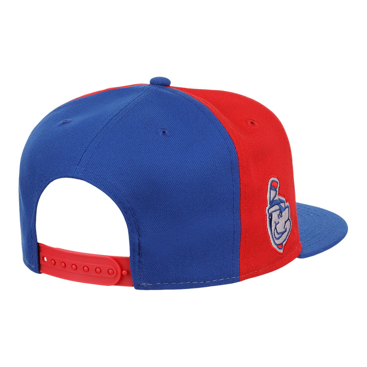 The Ebbets Field Flannels Indianapolis Indians EFF MiLB Vintage Snapback features a red and blue design, embroidered smiling mascot on the side, and a red snapback closure, shown from the back.