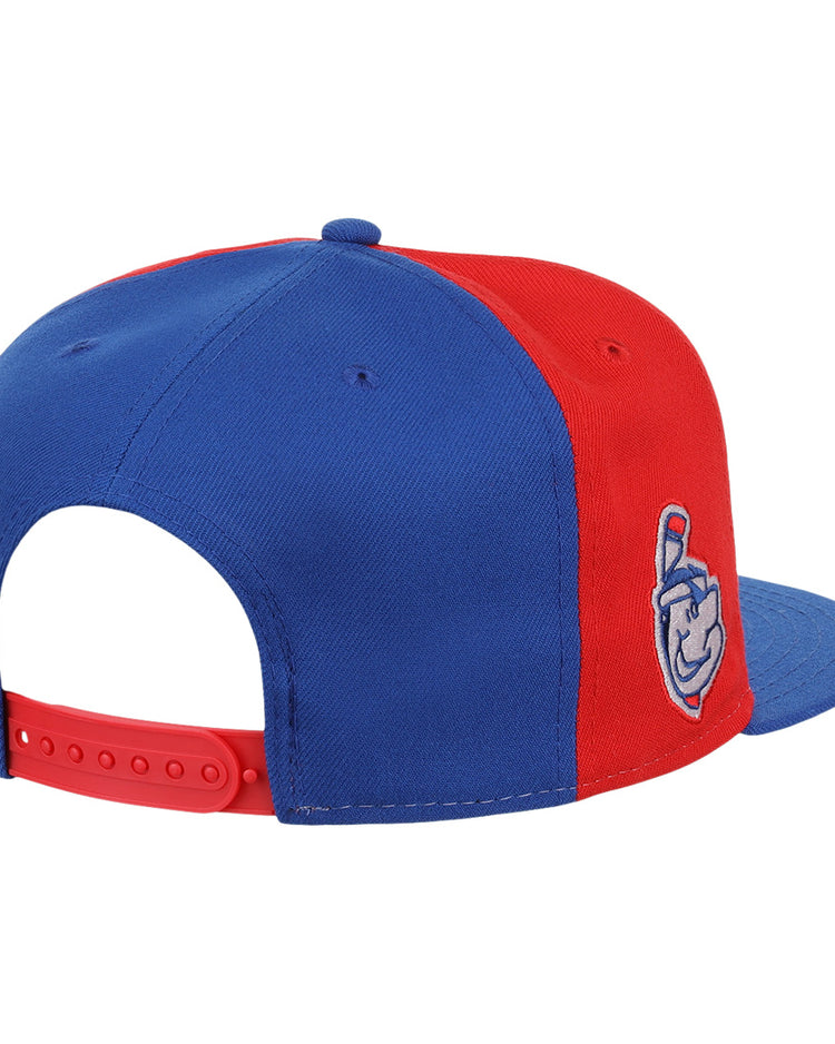The Ebbets Field Flannels Indianapolis Indians EFF MiLB Vintage Snapback features a red and blue design, embroidered smiling mascot on the side, and a red snapback closure, shown from the back.