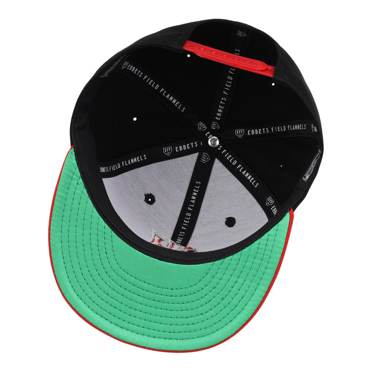 The Harrisburg Senators EFF MiLB Vintage Snapback by Ebbets Field Flannels features a black snapback, green brim, red trim, black interior with EBBETS FIELD FLANNELS in white, grey front panel, and red adjustable strap.