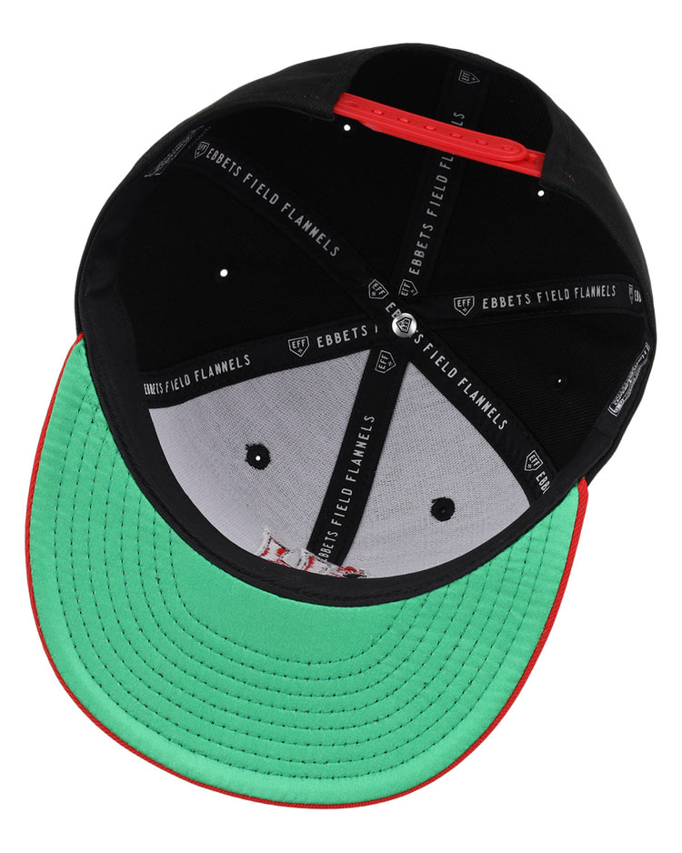 The Harrisburg Senators EFF MiLB Vintage Snapback by Ebbets Field Flannels features a black snapback, green brim, red trim, black interior with EBBETS FIELD FLANNELS in white, grey front panel, and red adjustable strap.