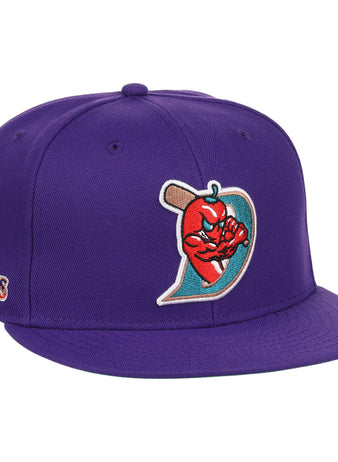 The El Paso Diablos EFF MiLB Vintage Snapback by Ebbets Field Flannels is a purple cap with an embroidered muscular red apple holding a bat and a stylized D, plus multicolored side text—part of the unique Vintage Minor League collection.