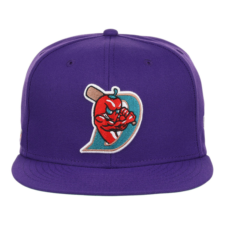 The El Paso Diablos EFF MiLB Vintage Snapback by Ebbets Field Flannels features a purple crown and an embroidered red chili pepper with an angry face and fists on a teal D. Part of the Vintage Minor League collection.