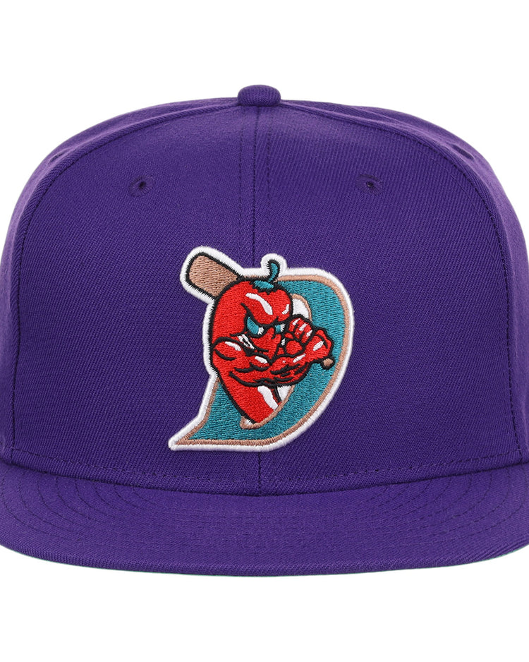 The El Paso Diablos EFF MiLB Vintage Snapback by Ebbets Field Flannels features a purple crown and an embroidered red chili pepper with an angry face and fists on a teal D. Part of the Vintage Minor League collection.