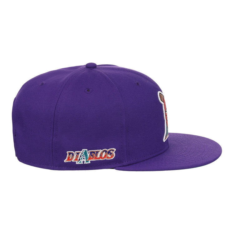 The El Paso Diablos EFF MiLB Vintage Snapback by Ebbets Field Flannels is a purple baseball cap with a flat brim, side view, small DIABLOS embroidered logo and stylized A near the back, plus ventilation eyelets.